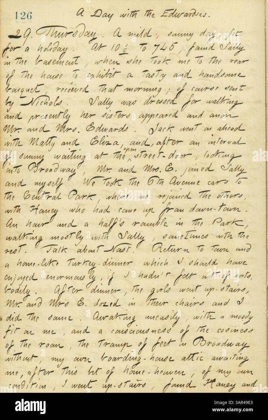 Der Eintrag aus Thomas Butler Gunn's Diaries, Band 14, dokumentiert seinen Thanksgiving Day, den er 1860 mit der Familie Edwards verbrachte. Er beschreibt einen sonnigen Tag mit Sally Edwards und ihrer Familie, einschließlich eines Ausflugs zum Central Park. Der Tagebucheintrag beleuchtet persönliche Interaktionen, darunter ein Blumenstrauß von John Nichols und eine Fahrt mit den Autos der 6th Avenue. Stockfoto