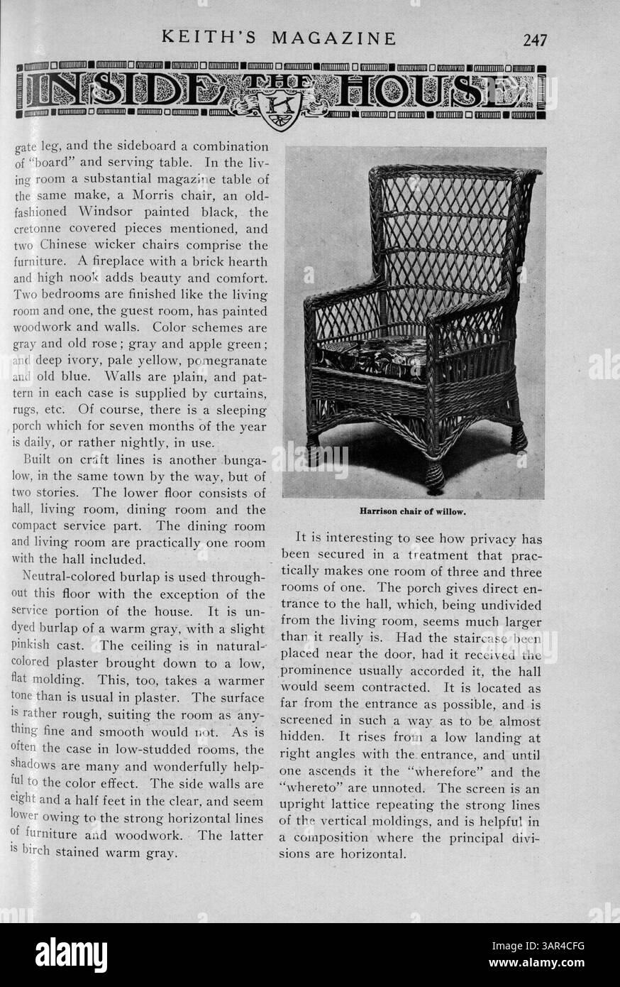 Keith’s Magazine, eine Publikation von Max L. Keith aus dem Jahr 1918, zeigt Grundrisse, Hausentwürfe und Baukosten. Die Artikel umfassen Architektur, Innenarchitektur und Landschaftsgestaltung sowie Werbung für Baumaterialien, Wohnmöbel und Accessoires. Einige Ausgaben umfassen Entwürfe für Kirchen und Schulen. Stockfoto