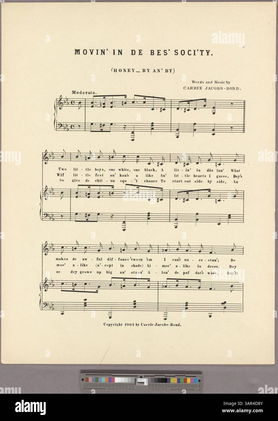 Dieses Stück mit dem Titel „A Colour Consolation“ enthält Texte in einer übertriebenen Imitation des afroamerikanischen Dialekts. Es enthält eine Reihe von C4-Eb5 und eine Werbung für andere Lieder des Komponisten. Der Titel bezieht sich auf „Movin“ in de bes' soci'ty' und „Honig – by an“ by. Stockfoto