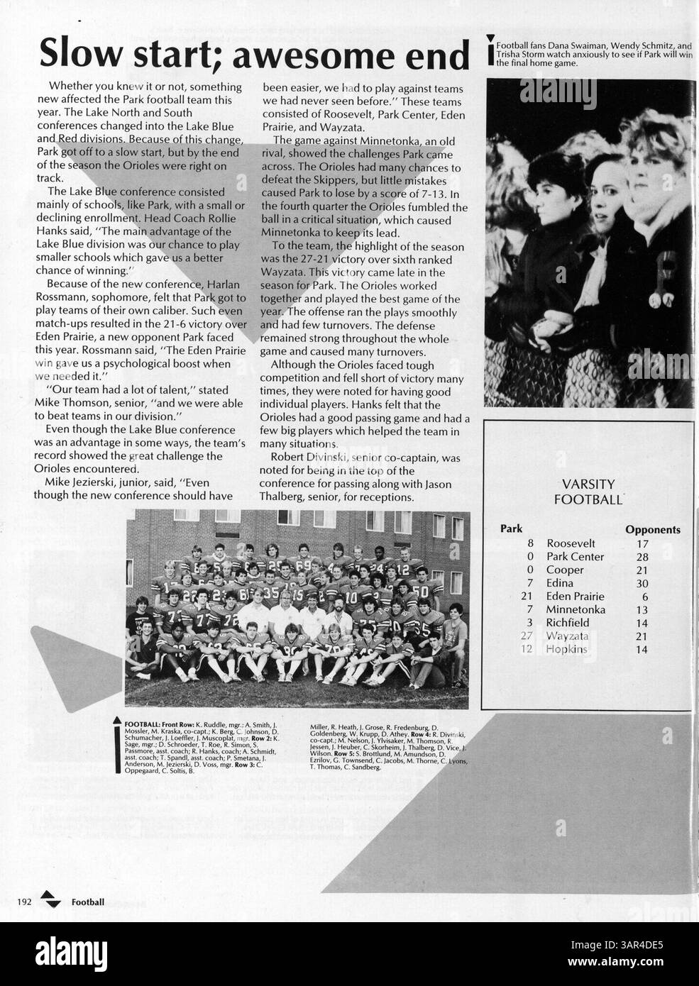 Diese Ausgabe von „Echowan: Doin“ IT Park Style aus dem Jahr 1987 dokumentiert die Schüler, Lehrer, Vereine, Leichtathletik und Veranstaltungen des Schuljahres 1986-1987 an der St. Louis Park High School. Stockfoto