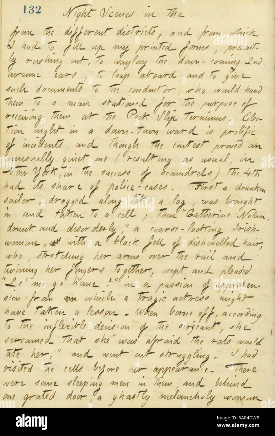 Thomas Butler Gunns Tagebucheintrag vom 4. Dezember 1860 beschreibt seine Erfahrungen in der Polizeiwache 4th Ward am Wahlabend und beschreibt die Vorfälle im Zusammenhang mit der Wahl, einschließlich Polizeifälle mit einem betrunkenen Seemann und unordentliches Verhalten. Stockfoto