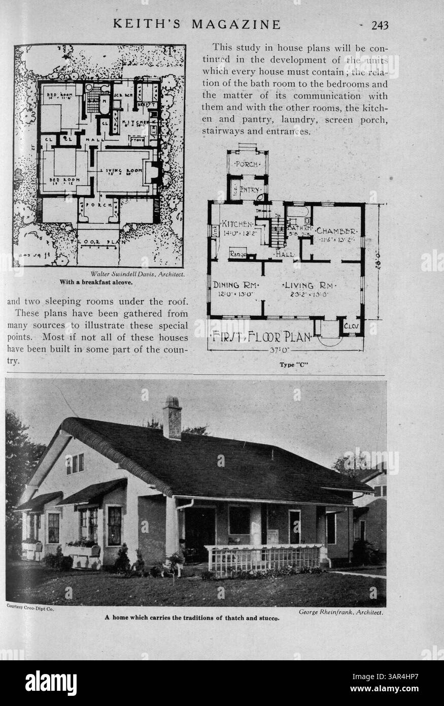 Keith’s Magazine, das 1918 von Max L. Keith veröffentlicht wurde, bietet Hausentwürfe und Grundrisse, begleitet von Baukosten und detaillierten Illustrationen. Die Artikel decken Wohngebäude, Inneneinrichtung und Landschaftsgestaltung ab. Einige Ausgaben enthalten auch Pläne für Nichtwohngebäude, einschließlich Kirchen und Schulen. Stockfoto