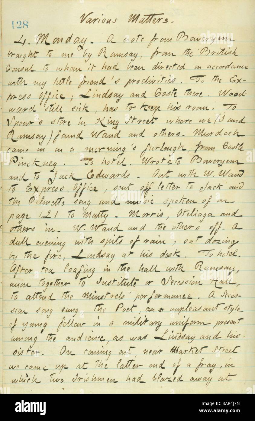 Thomas Butler Gunns Tagebucheintrag vom 4. Februar 1861 dokumentiert seine Erfahrungen in Charleston, einschließlich des Besuchs eines Konzerts. In dem Eintrag werden Interaktionen mit verschiedenen Personen erwähnt und seine täglichen Aktivitäten, wie z. B. die Durchführung von Besorgungen und die Interaktion mit Mitarbeitern, beschrieben. Ein ruhiger Abend mit leichtem Regen wird ebenfalls beschrieben. Stockfoto