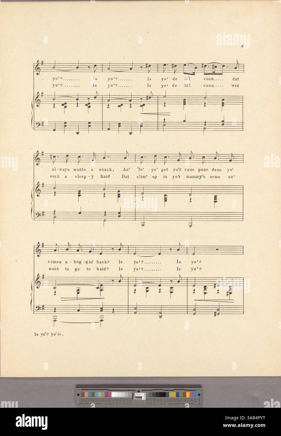 „Ist Yo“? Yo' Ist.' Ist ein Lied mit Texten in einer übertriebenen Imitation des afroamerikanischen Dialekts. Die Rückseite enthält Werbung für weitere Lieder des Komponisten, und die Gesangspalette stammt von D4-E5. Stockfoto