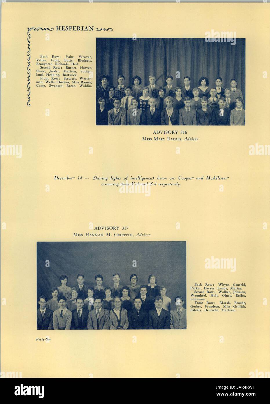 In der Januar-Ausgabe des Jahrbuchs „Hesperian“ der West High School vom 1929. Januar werden Schüleraktivitäten, Leichtathletik und Schlüsselveranstaltungen aus dem Schuljahr 1928-1929 vorgestellt. Stockfoto