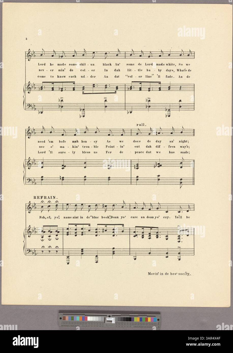 Dieses Stück mit dem Titel „A Colour Consolation“ enthält Texte in einer übertriebenen Imitation des afroamerikanischen Dialekts. Es enthält eine Reihe von C4-Eb5 und eine Werbung für andere Lieder des Komponisten. Der Titel bezieht sich auf „Movin“ in de bes' soci'ty' und „Honig – by an“ by. Stockfoto