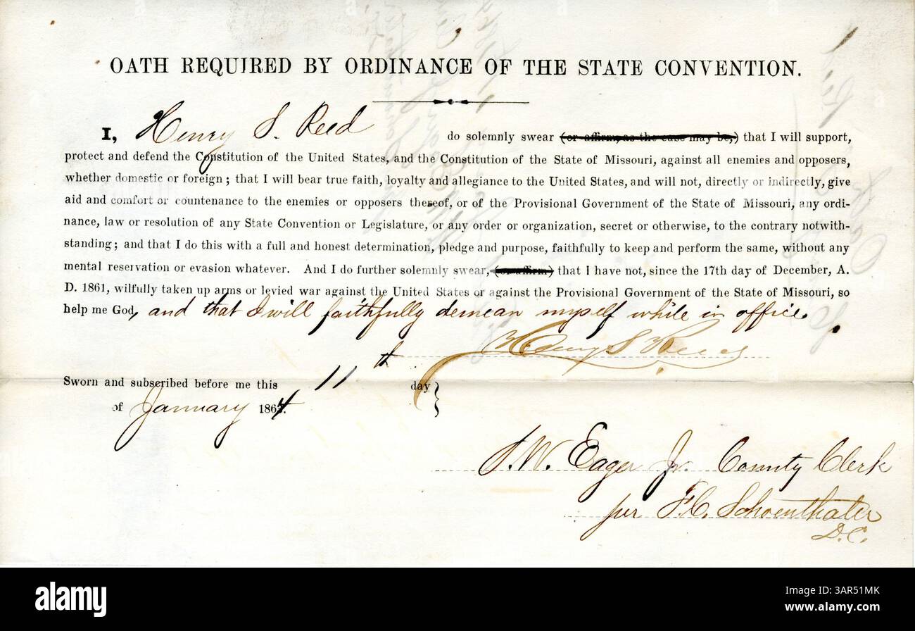 Der von der Missouri Historical Society aufgezeichnete Loyalitätsschwur von Henry S. Reed, der seine Treue zur US-Regierung und zum Staat Missouri bekräftigte. Stockfoto