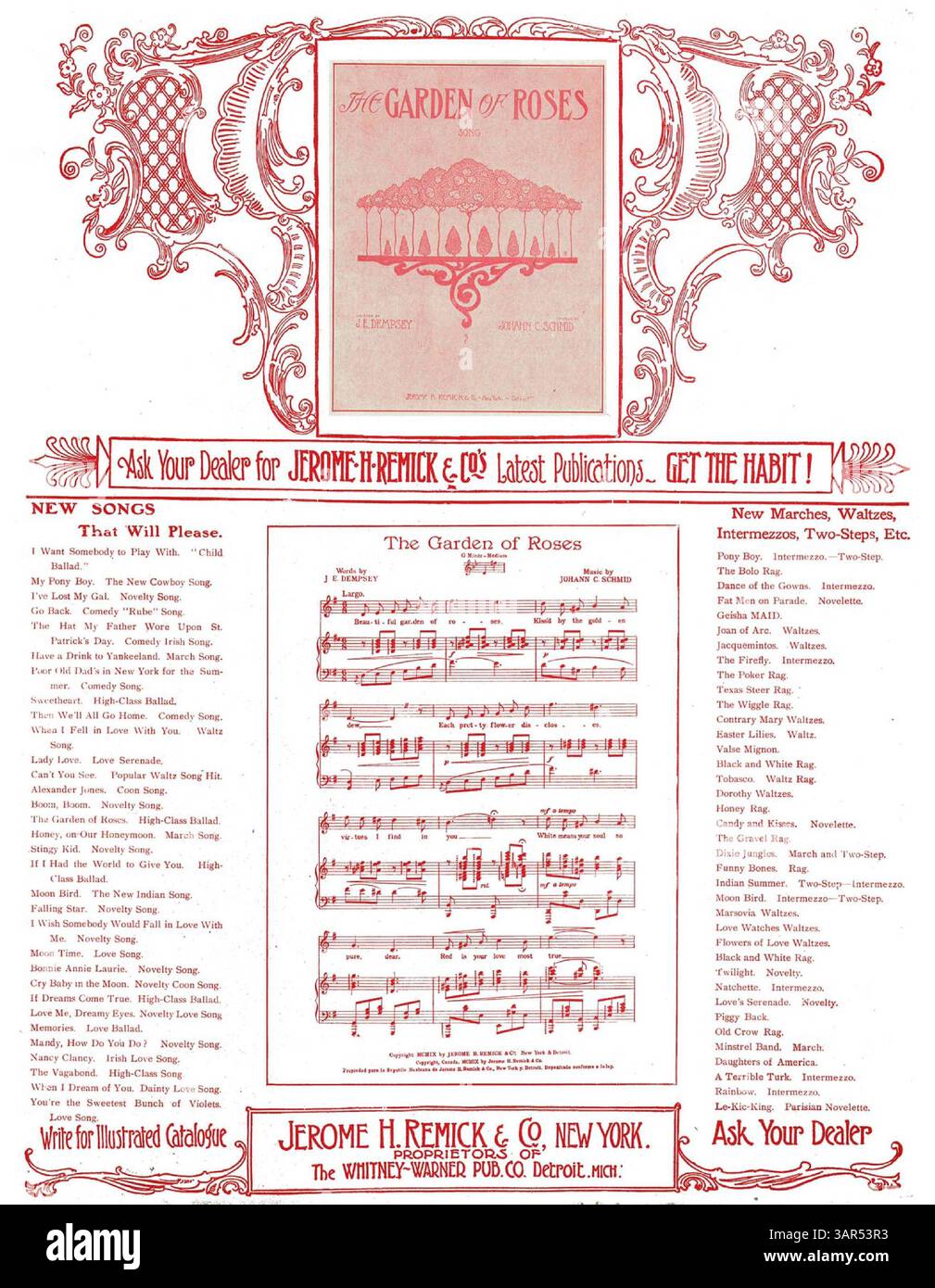 Auf der Rückseite von „To-Night, Sweetheart, To-Night“ befindet sich eine ganzseitige Anzeige für Jerome H. Remick & Co.'s „neueste Publikationen“, mit einem musikalischen Auszug aus „The Garden of Roses“ von Johann C. Schmid und J.E. Dempsey. Stockfoto