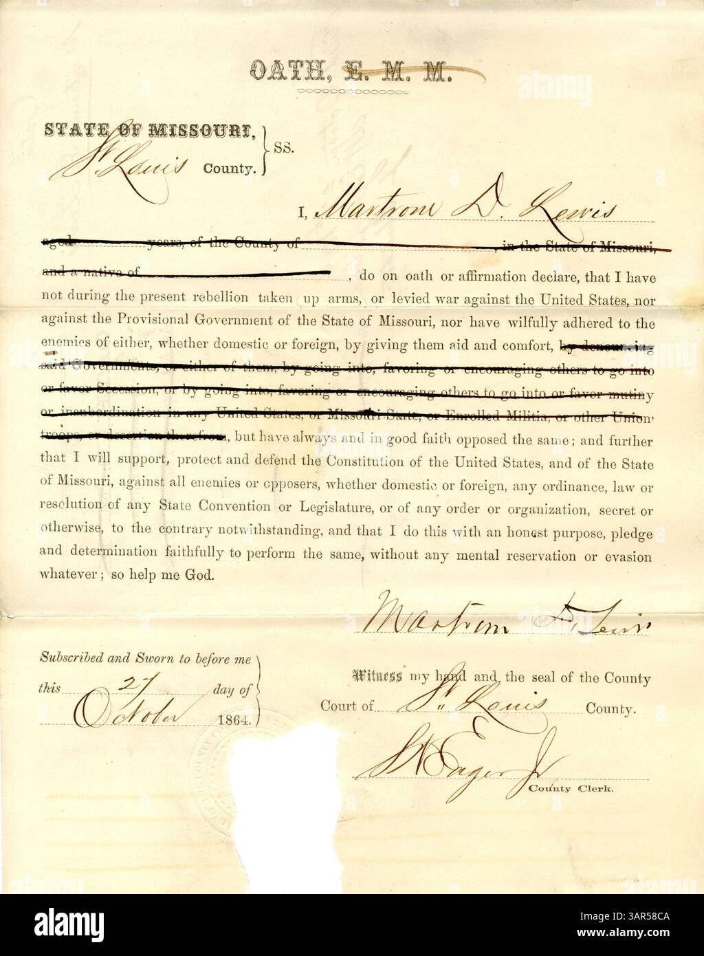 Martin D. Lewis aus St. Louis County, Missouri, leistet den Treueschöd zu den Vereinigten Staaten und Missouri, der von der Missouri Historical Society aufbewahrt wird. Stockfoto
