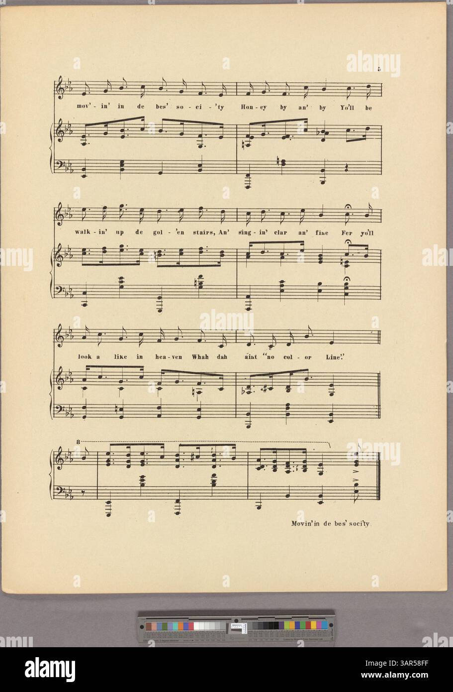 Dieses Stück mit dem Titel „A Colour Consolation“ enthält Texte in einer übertriebenen Imitation des afroamerikanischen Dialekts. Es enthält eine Reihe von C4-Eb5 und eine Werbung für andere Lieder des Komponisten. Der Titel bezieht sich auf „Movin“ in de bes' soci'ty' und „Honig – by an“ by. Stockfoto