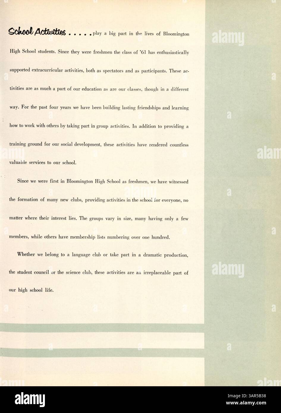 Das Jahrbuch 1961 Bear 61 der Bloomington High School erfasst das Leben von Schülern, Clubs, Leichtathletik, Veranstaltungen und Lehrkräfte. Dokumentation des Schuljahres 1960-1961. Stockfoto