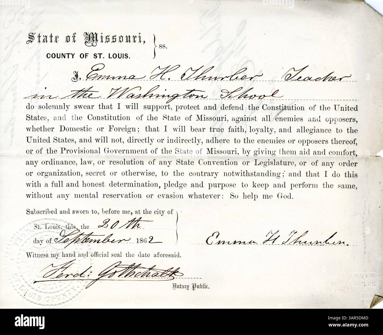 Emma H. Thurber schwörte die Treue zur US-Regierung und zum Staat Missouri, wie von der Missouri Historical Society dokumentiert. Stockfoto