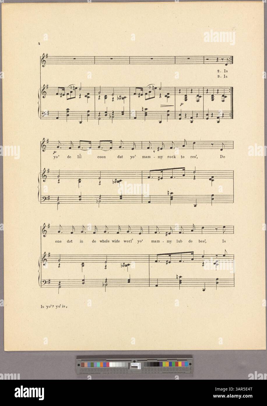 „Ist Yo“? Yo' Ist.' Ist ein Lied mit Texten in einer übertriebenen Imitation des afroamerikanischen Dialekts. Die Rückseite enthält Werbung für weitere Lieder des Komponisten, und die Gesangspalette stammt von D4-E5. Stockfoto
