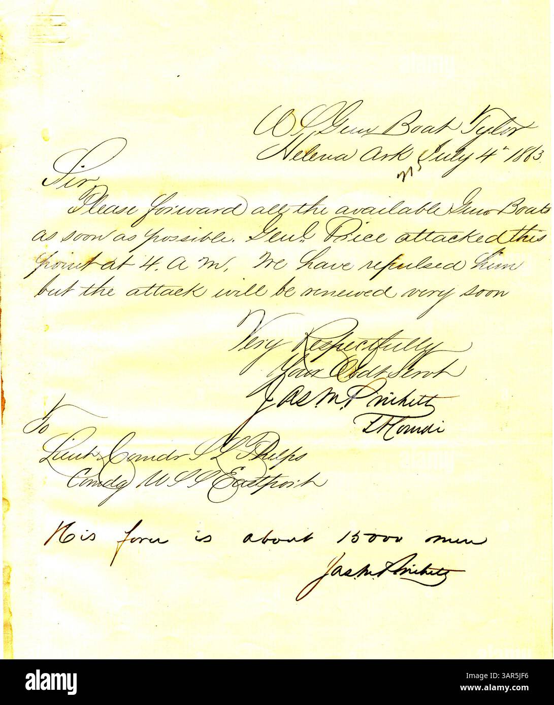 James M. Prichett, an Bord der U.S.S. Tyler in Helena, Arkansas, schreibt am 4. Juli 1863 an Seth Ledyard Phelps und fordert alle verfügbaren Kanonenboote auf, sich gegen einen Angriff von General Price zu verteidigen. Stockfoto