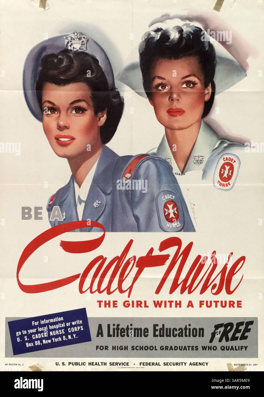Das Poster von 1944 mit dem Titel „Be a Cadet Nurse – the Girl with a Future“ zeigt zwei Kadettenschwestern, eine in Militäruniform und die andere in Schwesternkleidung, die eine lebenslange Ausbildung für qualifizierte Absolventen der High School anbieten. Stockfoto