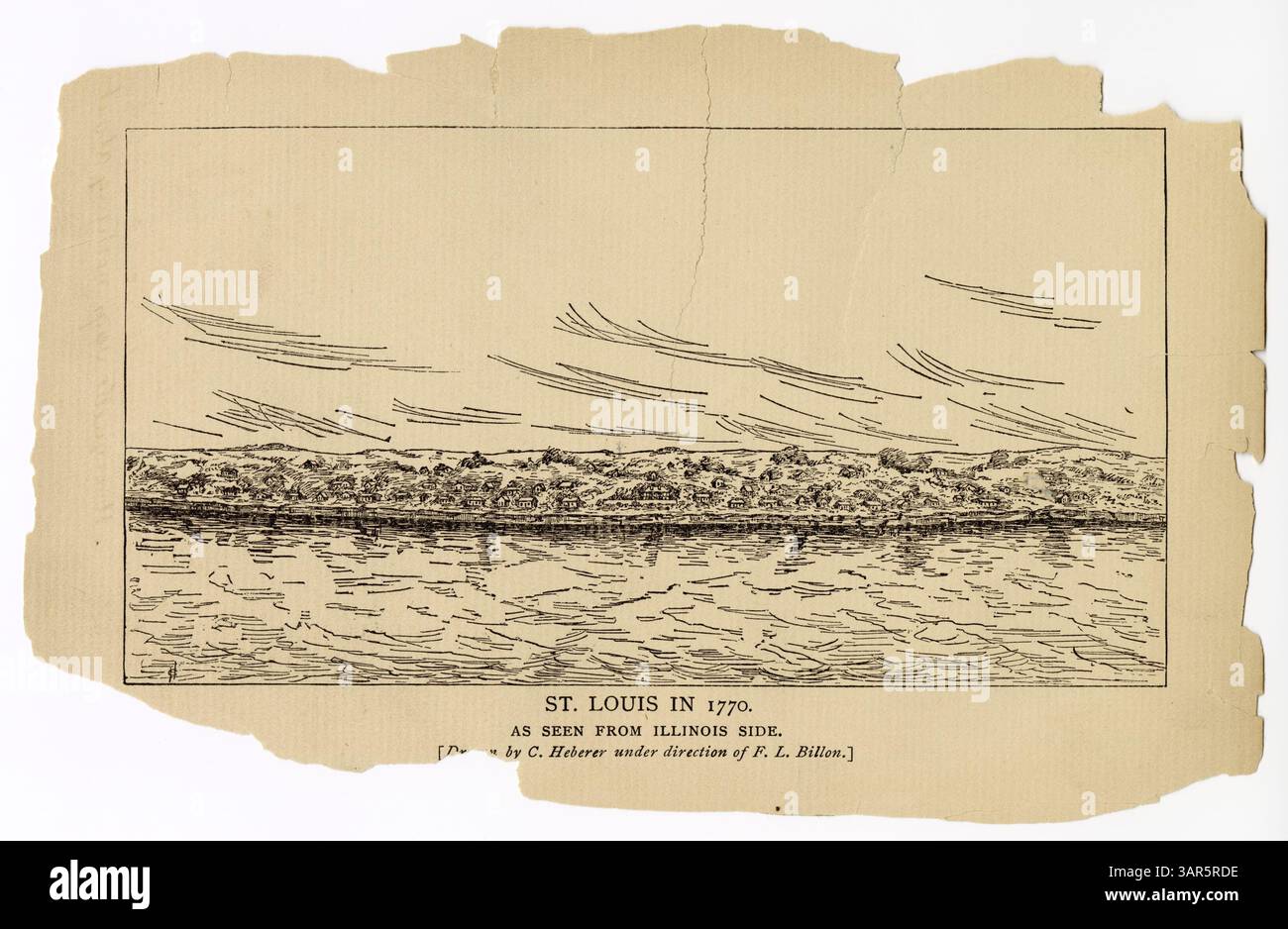 Dieser horizontale Schwarzweiß-Druck zeigt St. Louis 1770 von der Illinois-Seite, gezeichnet von C. Heberer unter F. L. Billons Leitung. Die Stift- und Tintenansicht zeigt das Dorf St. Louis mit dem Mississippi im Vordergrund. Stockfoto