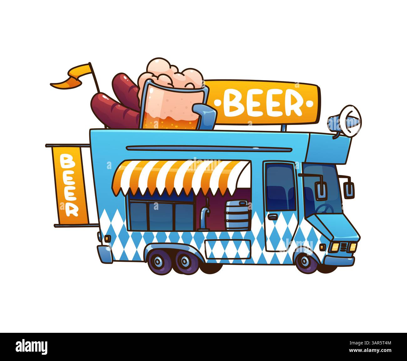 Bier Food Truck Auto, Festival Street Food Truck Van. Das Vintage-Auto mit Cartoon-Vektor verfügt über Wasserhähne und einen großen Bierbecher und Würstchen. Vector Retro-Fahrzeug, das Getränke auf Festivals und Veranstaltungen serviert Stock Vektor