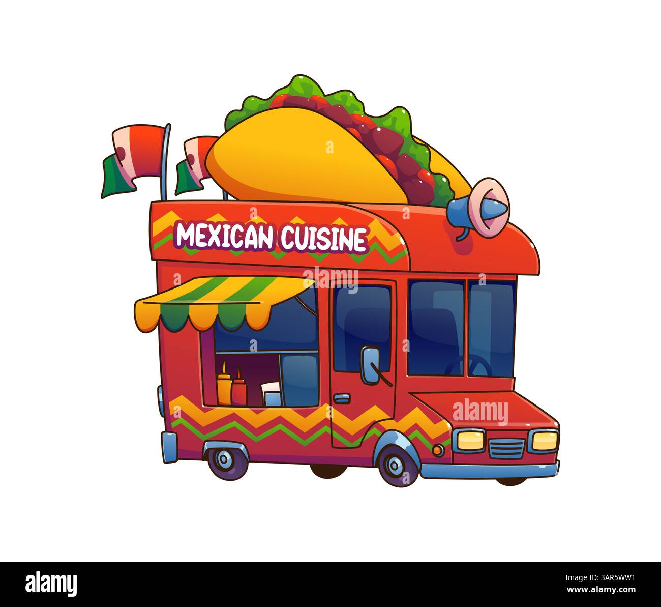 Food Truck Auto oder Street Food Festival Van mit mexikanischer Küche, Cartoon Vektor. Kioskstand für Foodtruck oder Fast-Food-Anbieter mit Tacos-Schild auf dem Dach und mexikanischen Flaggen für Straßenmarkt-Festival-Truck Stock Vektor