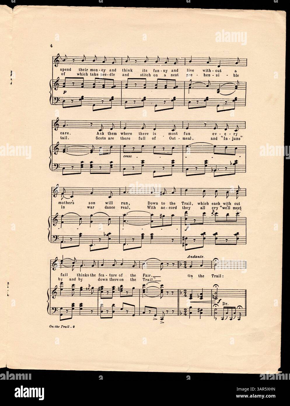 Das Dokument „On the Trail“, digitalisiert von den Bibliotheken der University of Oregon, zeigt frühe amerikanische Musik aus der öffentlichen Hand. Stockfoto