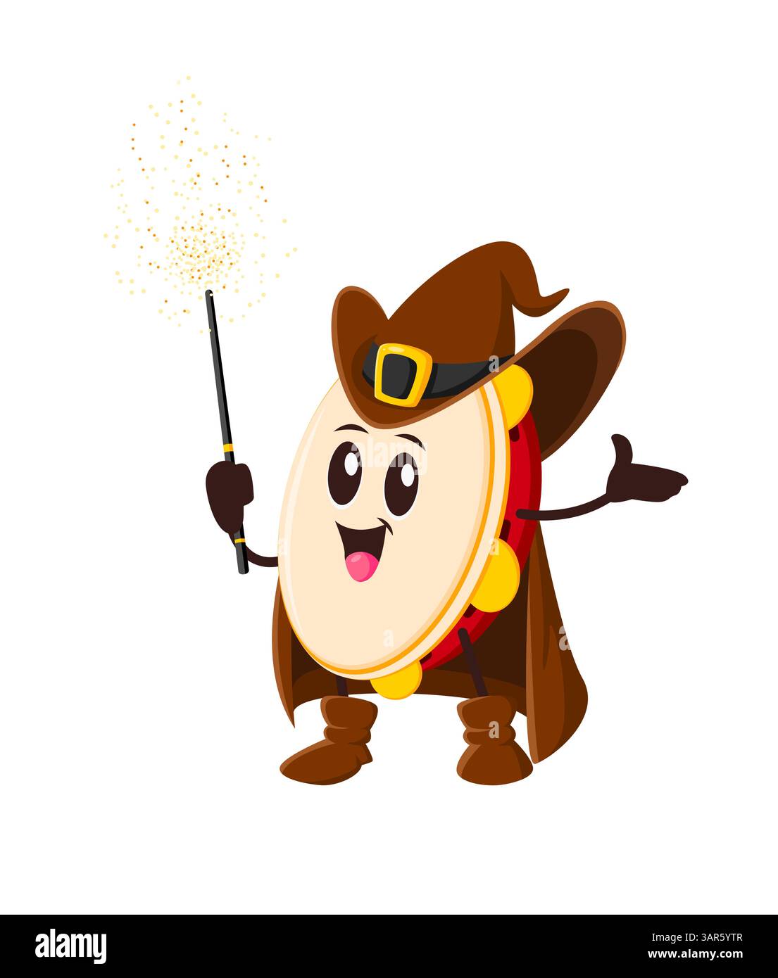 Cartoon Tamburine Zauberer oder Musikinstrument Magier mit Zauberstab für Halloween, Vektor Charakter. Lustiges Tamburin im Zaubermantel und Hexenhut für Halloween-Weihnachtsmusik-Instrumentencharakter Stock Vektor
