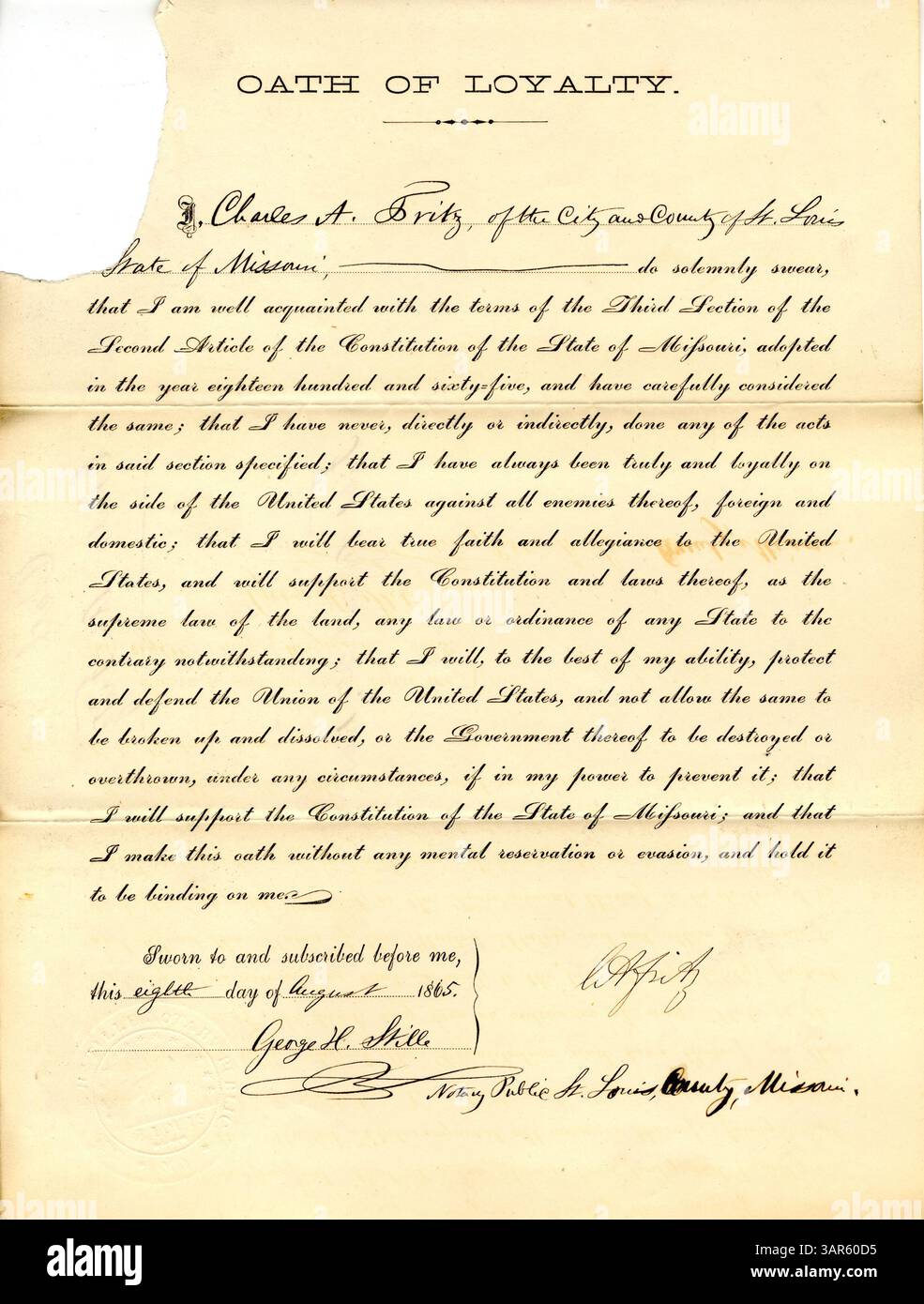 Charles A. Fritz schwor den Vereinigten Staaten und Missouri einen Treueid, wie von der Missouri Historical Society dokumentiert. Stockfoto