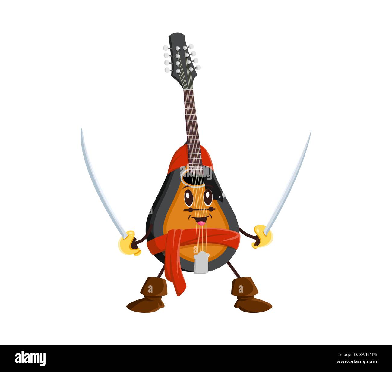 Cartoon-Mandoline, Pirat und Korsair-Charakter mit fröhlichem Gesicht, rotem Bandana und Stiefeln und zwei Schneidergläsern sorgen für eine skurrile, verspielte und abenteuerliche Atmosphäre Stock Vektor Cartoon-Mandoline, Pirat und Korsair-Charakter mit fröhlichem Gesicht, rotem Bandana und Stiefeln und zwei Schneidergläsern sorgen für eine skurrile, verspielte und abenteuerliche Atmosphäre Stock Vektor