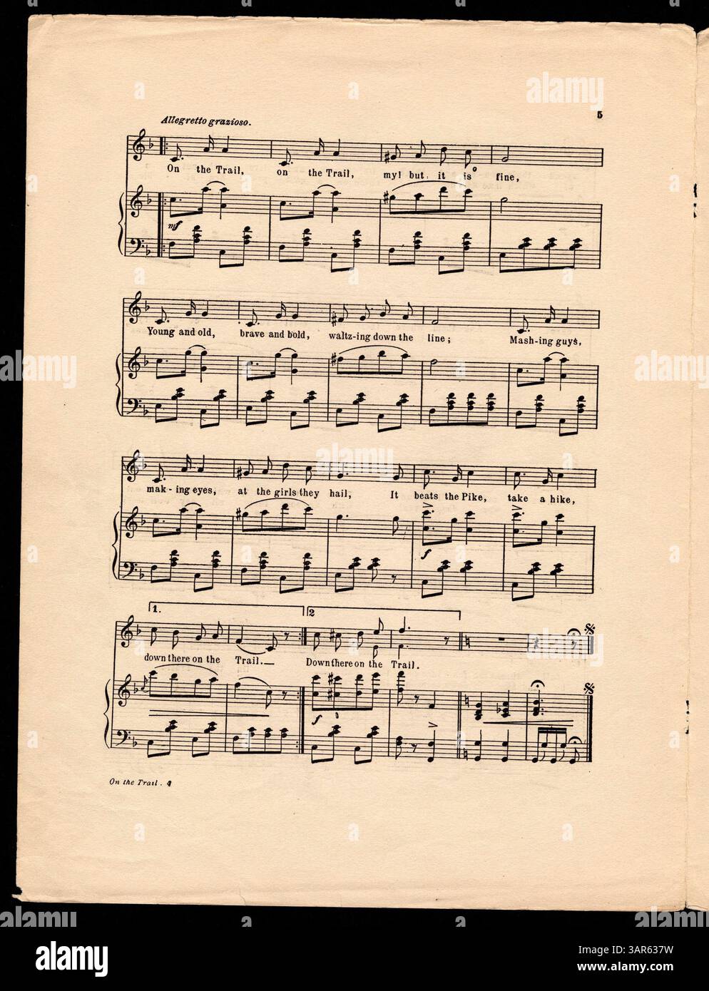 Dieses Dokument mit dem Titel „On the Trail“, digitalisiert von den Bibliotheken der University of Oregon, erfasst das Wesen der frühen amerikanischen Musik im öffentlichen Raum. Stockfoto