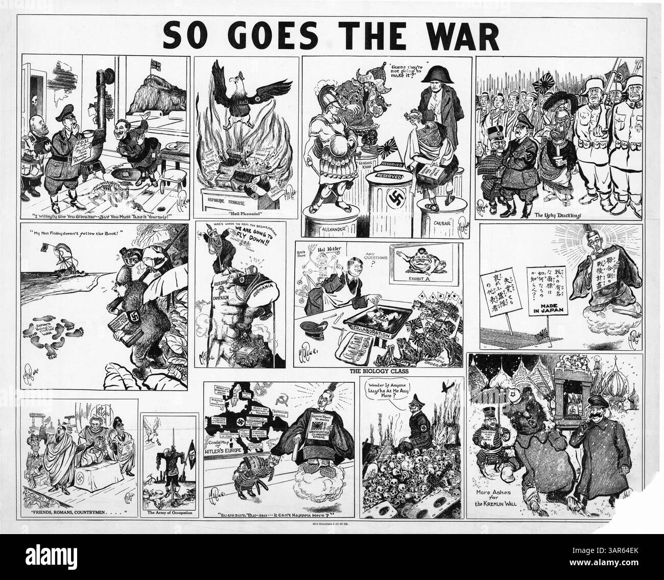 Eine Serie von 13 politischen Karikaturen, die die Bemühungen der Achsenmächte während des Zweiten Weltkriegs verspotten, wurde 1943 veröffentlicht. Die Karikaturen zeigen die Dynamik des Krieges zu dieser Zeit. Stockfoto