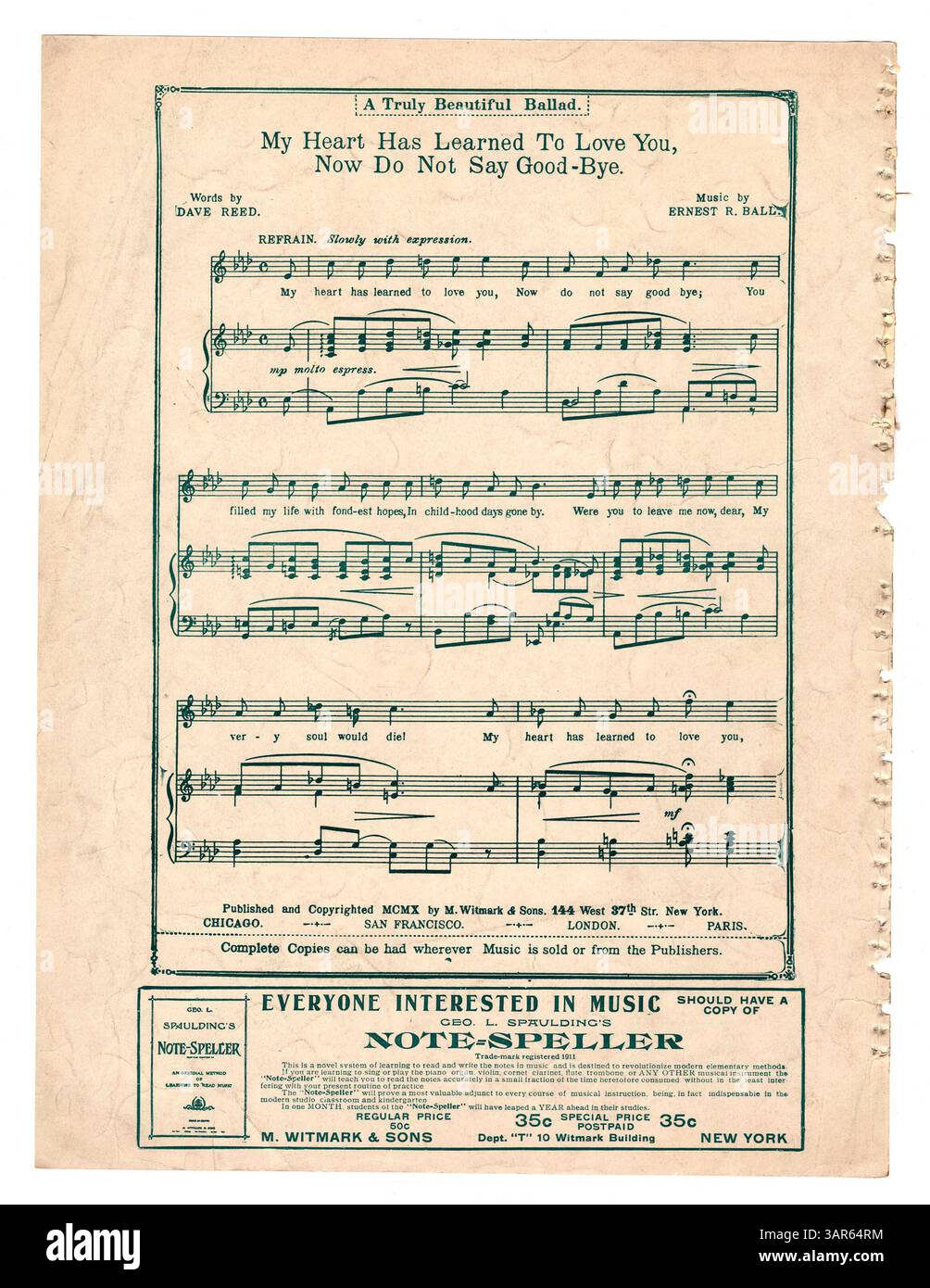 „This Songs my Mother Used to Sing“ von Dave Carter wurde zu einem beliebten Hit. Auf der Innenseite der Rückseite des Covers ist ein Refugium von „Who Knows?“ zu sehen, einem Song, der voraussichtlich langanhaltende Anziehungskraft haben wird. Auf der Rückseite wird für Spaulding's Notizbuchstabe geworben und der Text „My Heart has learn to love you, Now do not say Goodbye“ (mein Herz hat gelernt, dich zu lieben, jetzt nicht zu sagen) enthalten. Platte Nr. 6202-5. Stockfoto