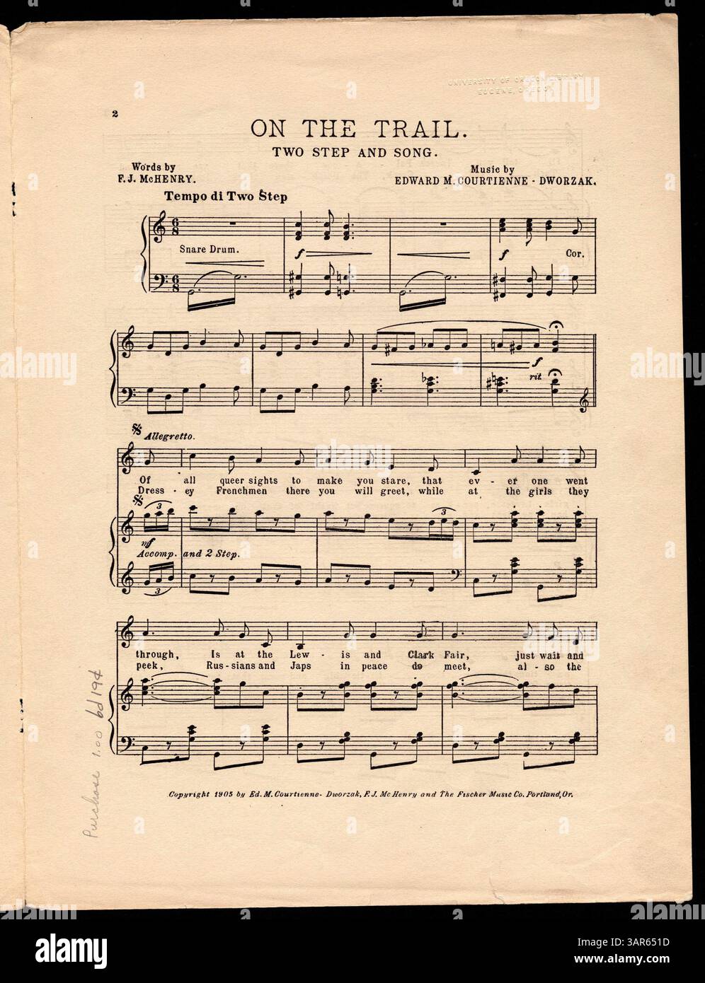 Dieses digitalisierte Dokument mit dem Titel „On the Trail“ aus den Bibliotheken der University of Oregon bietet einen Einblick in die frühe amerikanische Musik und ihre Erhaltung. Stockfoto