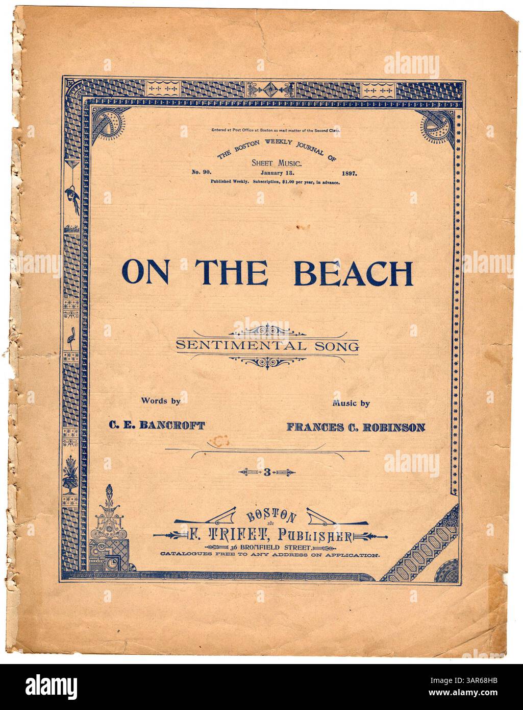 On the Beach: Sentimental Song erschien 1897 als Teil des Boston Weekly Journal of Sheet Music, katalogisiert unter der Nummer 959. Stockfoto