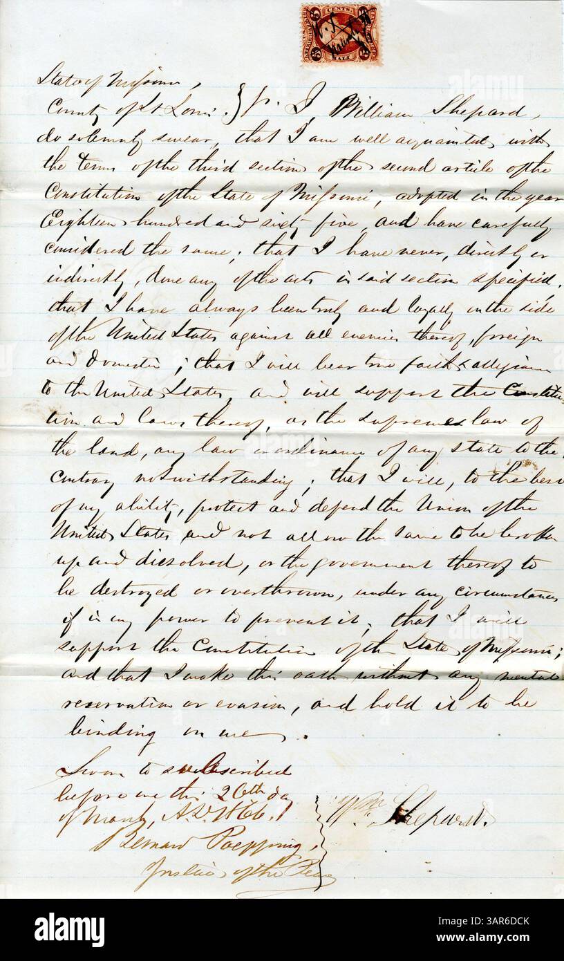 Der von William Shepard vereidigte Treueschworb, der während des Bürgerkriegs den Vereinigten Staaten und Missouri Treue versprach, dokumentiert von der Missouri Historical Society. Stockfoto