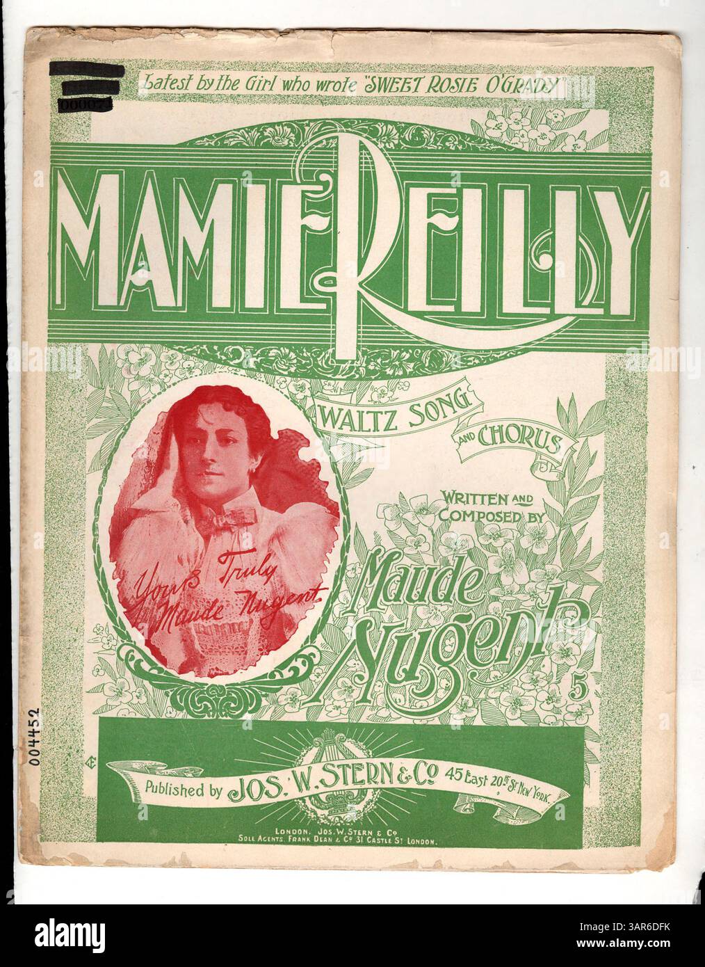 Liedblatt für Mamie Reilly mit Musik für Miss Lottie Gilson. Das Cover enthält Werbung für verschiedene Lieder und Musikausschnitte, die populäre Lieder von Max S. Witt und Monroe H. Rosenfeld zeigen. Stockfoto