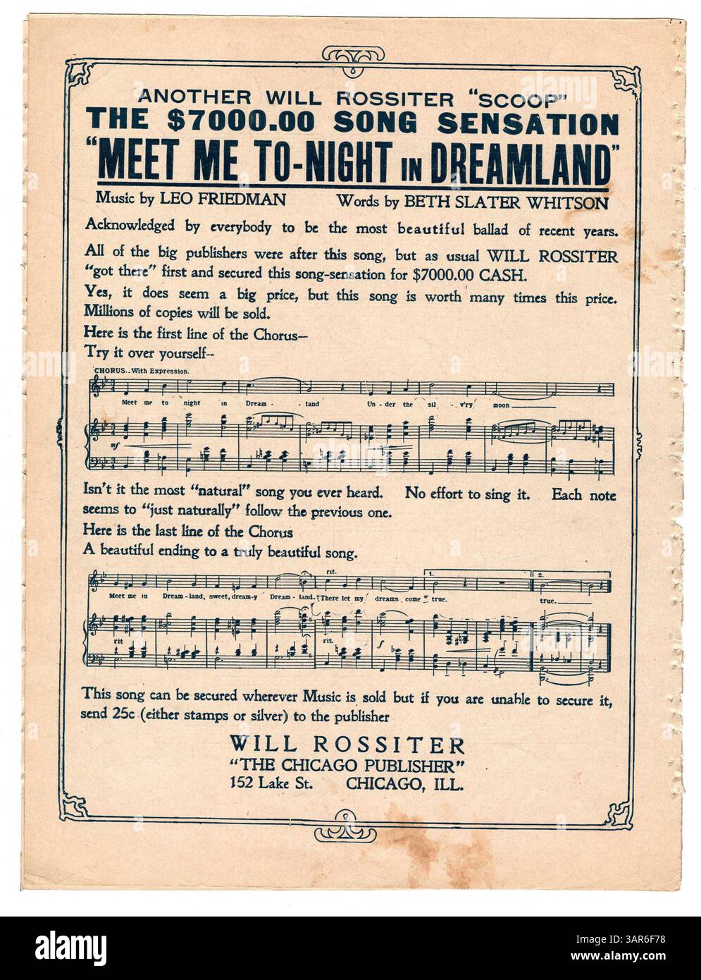 Das Notenblatt für „will you Forgive if I Forget?“ Von Etta G. Ware, enthält Promotiondetails für den Hit Meet Me Tonight in Dreamland von will Rossiter, der einen großen musikalischen Erfolg der 1900er Jahre markiert. Stockfoto Das Notenblatt für „will you Forgive if I Forget?“ Von Etta G. Ware, enthält Promotiondetails für den Hit Meet Me Tonight in Dreamland von will Rossiter, der einen großen musikalischen Erfolg der 1900er Jahre markiert. Stockfoto