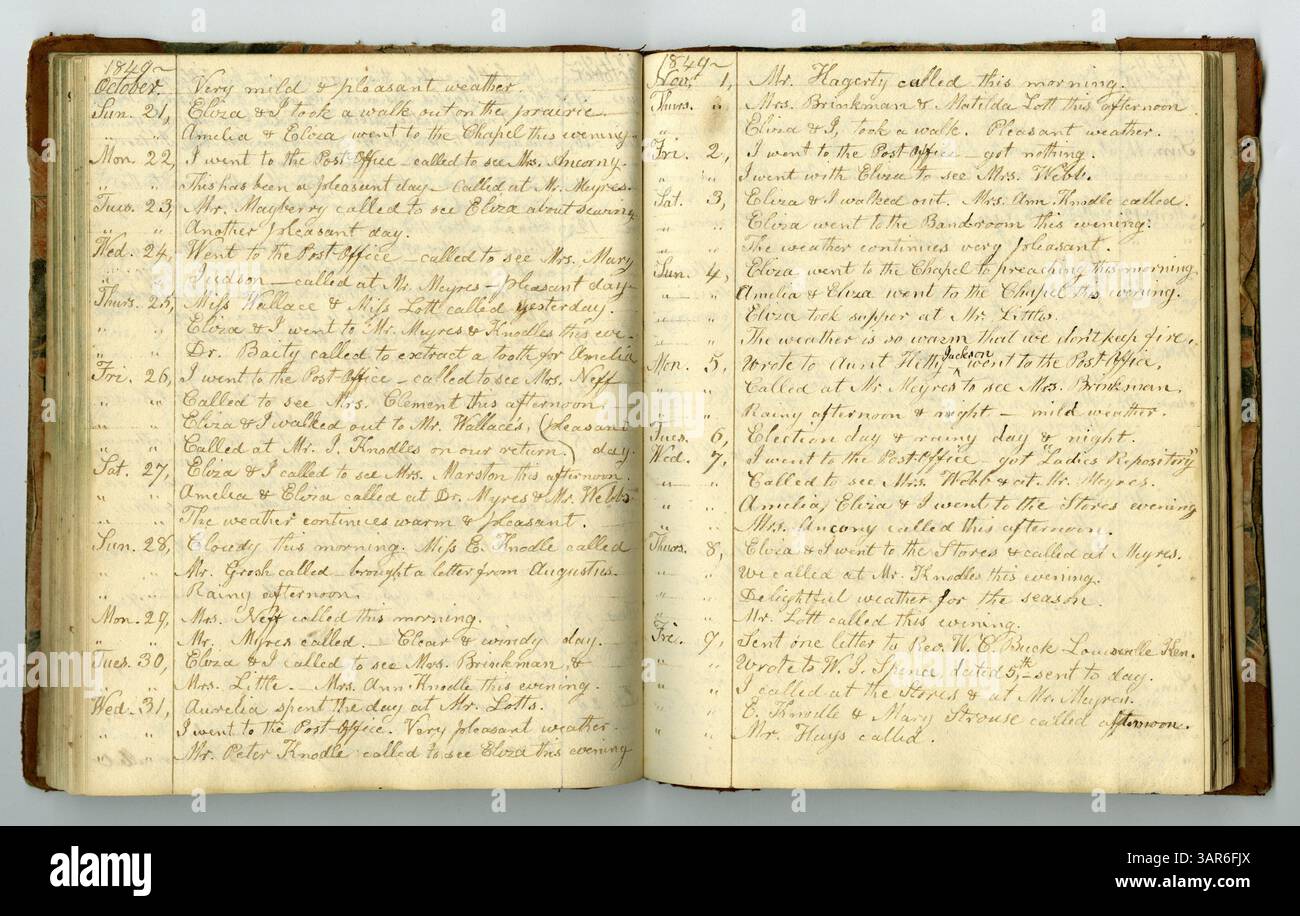 Das Memorandum Book No. 9 von Eliza G. Randolph erfasst den Zeitraum von Januar 1848 bis November 1850 und behandelt das Leben auf Bauernhöfen im Pulaski County, Illinois, und den anschließenden Umzug nach Mount Morris, Illinois. Stockfoto