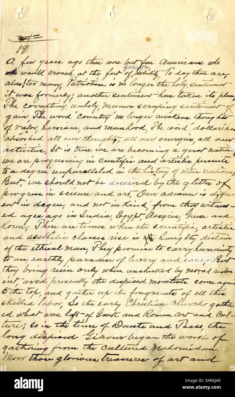 Diese Manuskriptrede von John O’Keefe, die am 4. Juli 1897 vorgestellt wurde, behandelt Schlüsselthemen der amerikanischen Geschichte und betont nationalen Stolz und Unabhängigkeit. Die Rede wurde in Russell, Iowa gehalten. Stockfoto