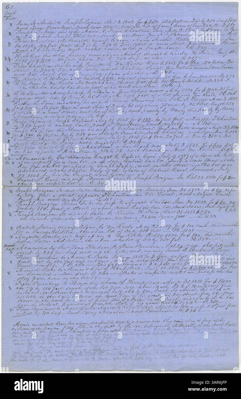 Dieses Dokument enthält Notizen von Frederic Billon zu Landtransaktionen und Urkunden für die Blocks 1-90 of St. Louis, die historische Einblicke in den Immobilienhandel und die städtische Entwicklung in St. Louis während dieser Zeit geben. Stockfoto