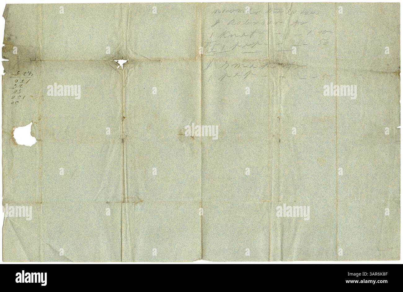 Dieser Brief von Joseph Bissonette an David Adams vom 17. November 1843 befasst sich mit dem Handel mit Pferden, Decken und Muscheln. Der Brief wird von der Missouri Historical Society aufbewahrt und gibt Einblicke in die Handelspraktiken im frühen 19. Jahrhundert. Stockfoto