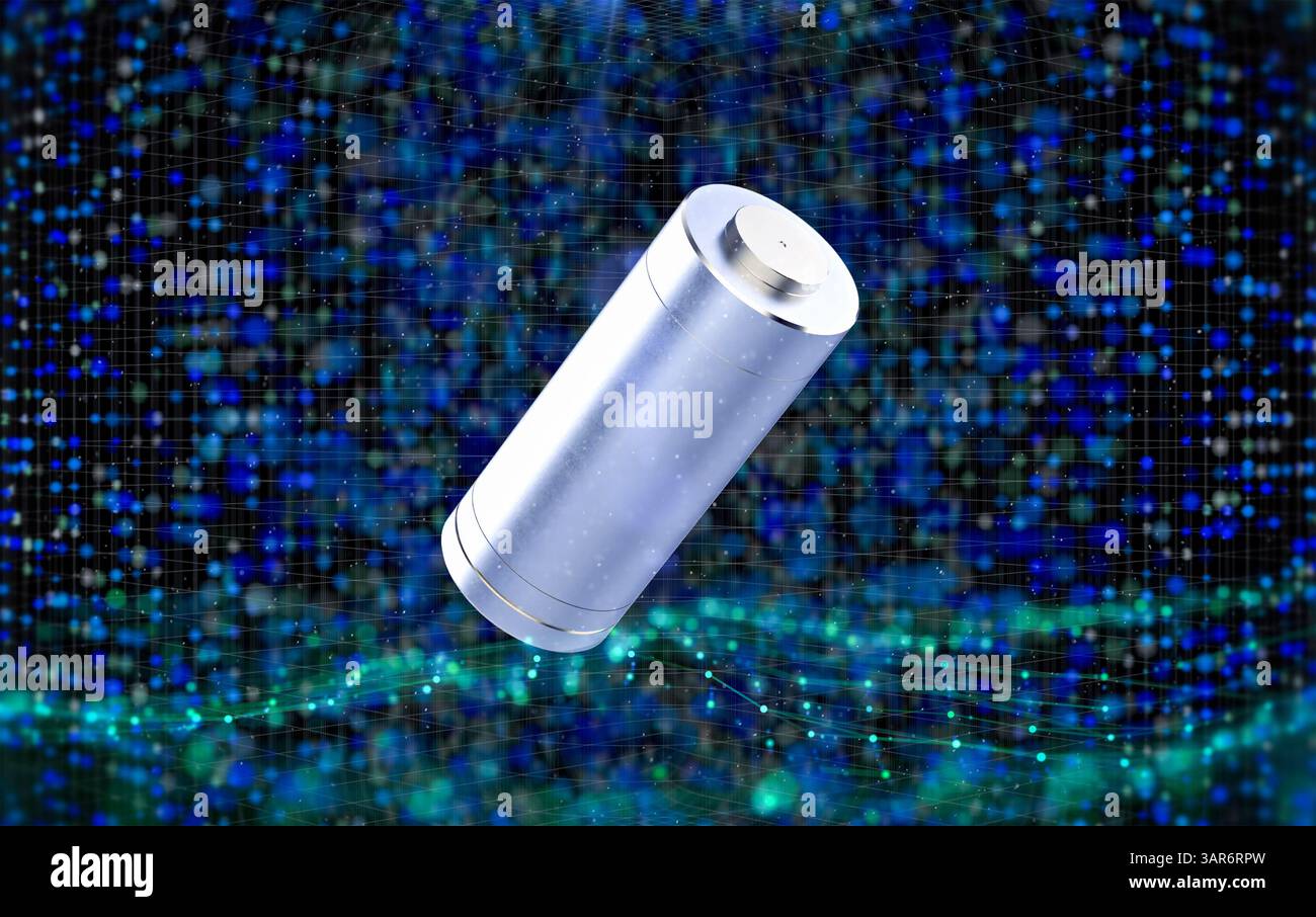 3D-Rendering von Alkali- und Li-Ionen- oder wiederaufladbaren Akkus auf glänzend blauem Hintergrund Stockfoto