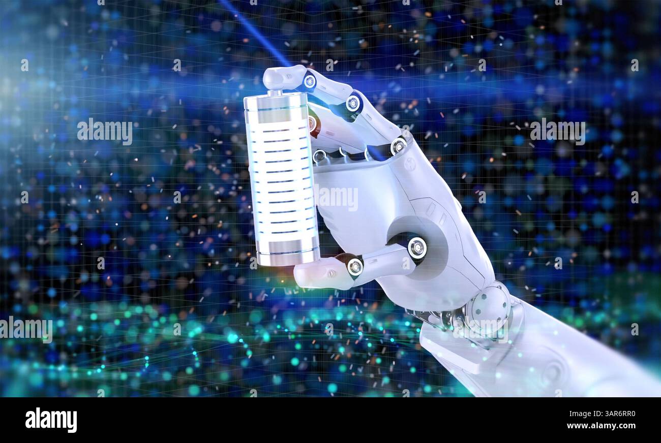 Automatischer Akku mit 3D-Rendering-Li-Ion oder wiederaufladbare Akkus mit Roboterhandhalter Stockfoto