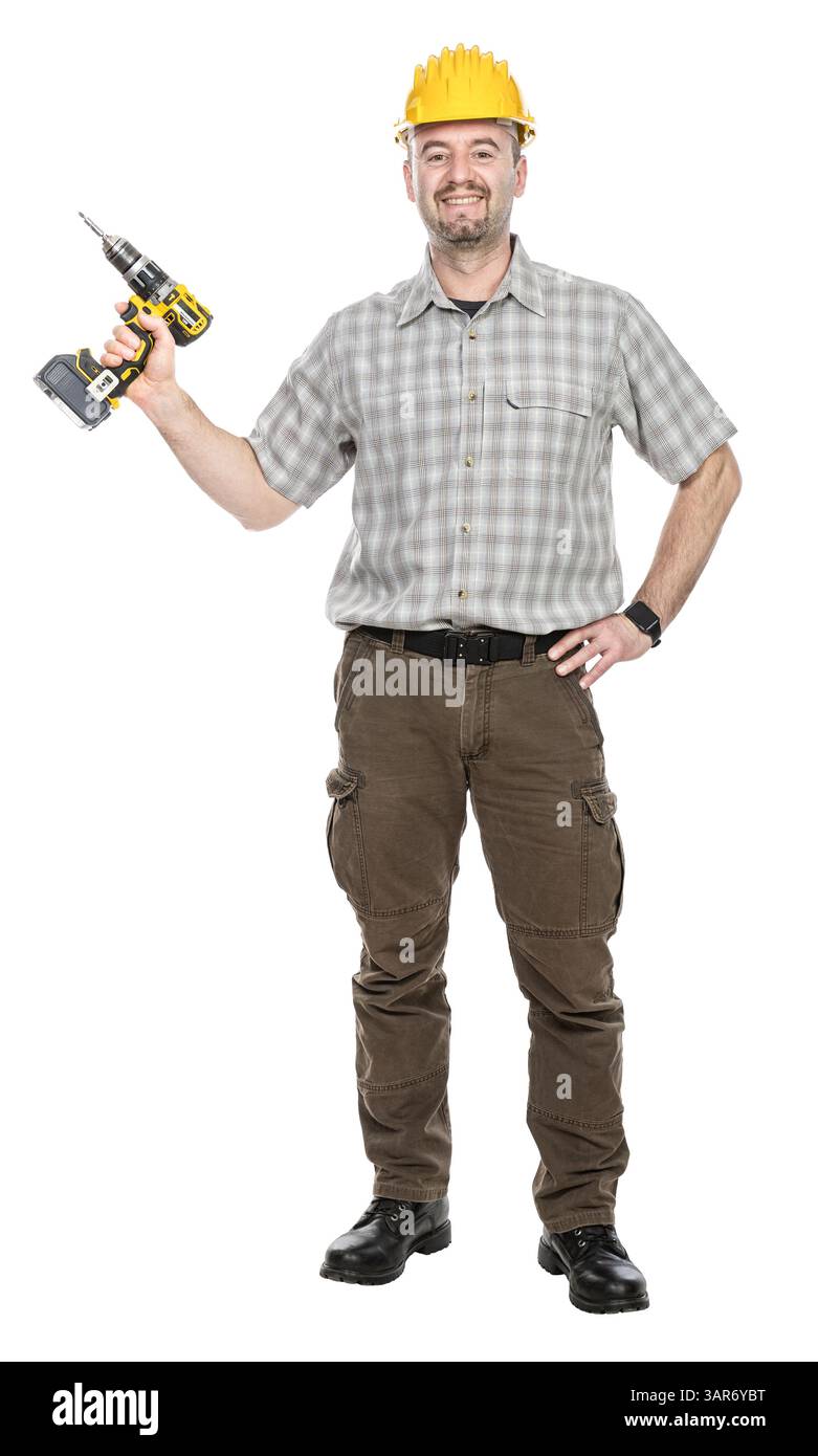 Lächelnder Bauarbeiter mit Akku-Bohrmaschine auf transparentem Hintergrund Stockfoto
