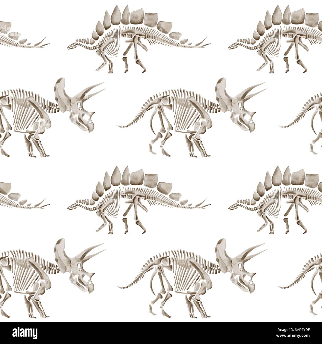 Nahtloses Muster mit Dinosaurierskeletten. Traceratops und Diplodocus. Prähistorische Reptilien und Tiere. Knochen und Fossilien des Jura Stockfoto