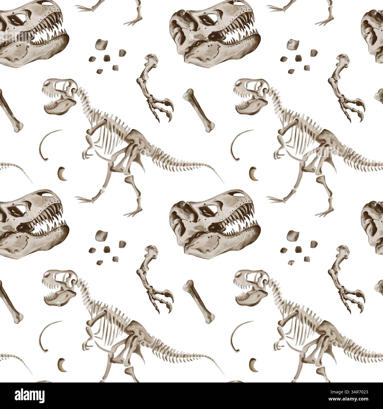 Nahtloses Muster mit Dinosaurier Rex Skelett. Theranosaurus Teile, Knochen und Pfoten. Jurassische Fossilien und Felsen. Aquarellabbildung ohne Stockfoto