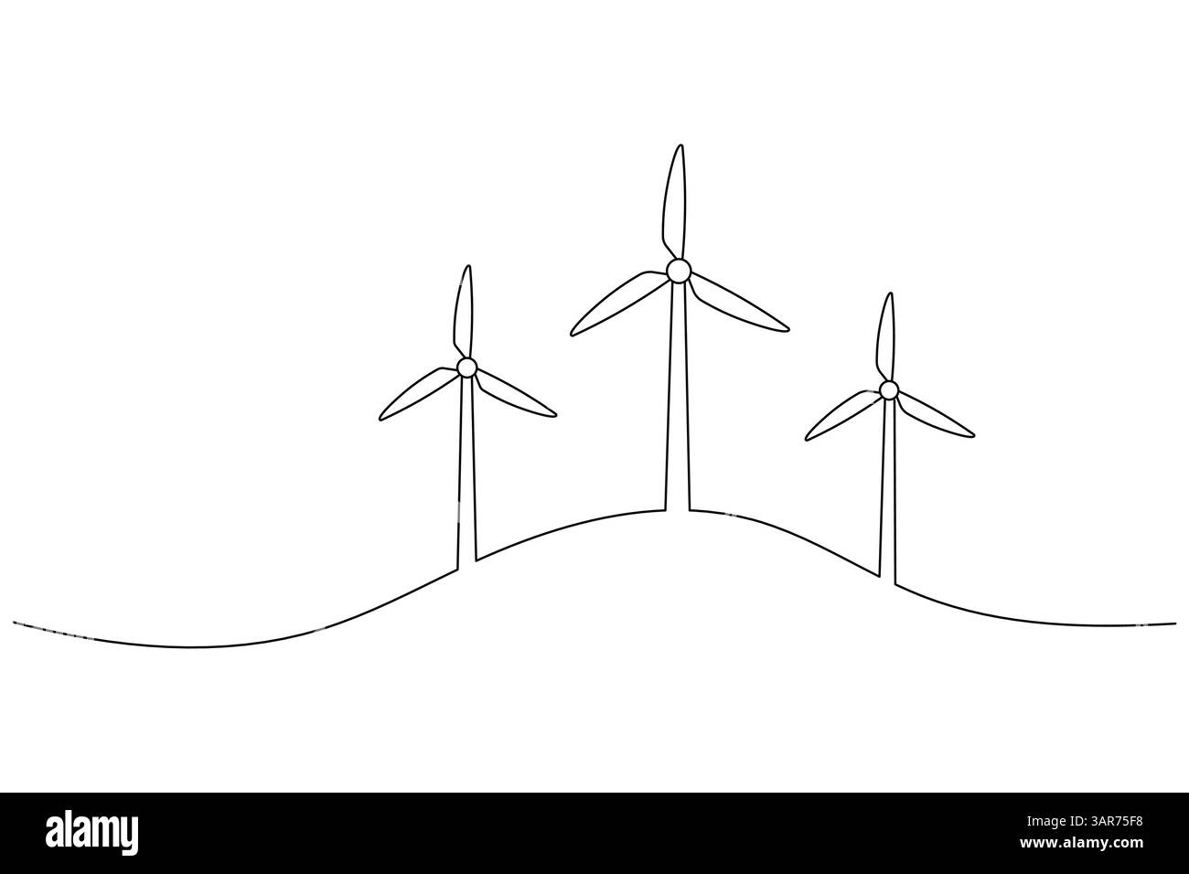 Durchgehende einzeilige Zeichnung der Windturbine und minimalistischer Stil isolieren das Symbol des Konturvektors Stock Vektor