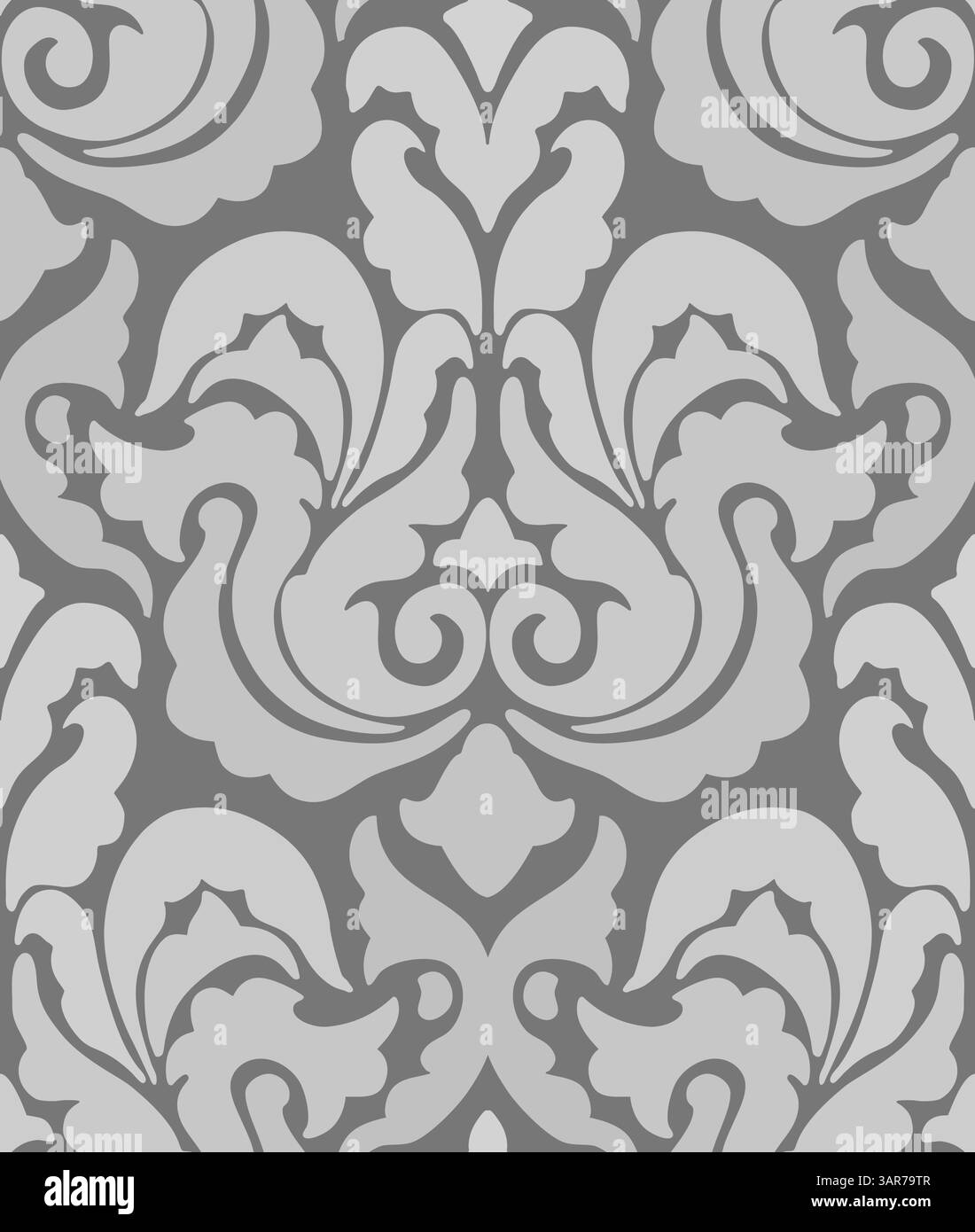 Raffiniertes Damastdesign in Grau und weiß mit detaillierten symmetrischen ornamentalen und floralen Mustern. Stock Vektor