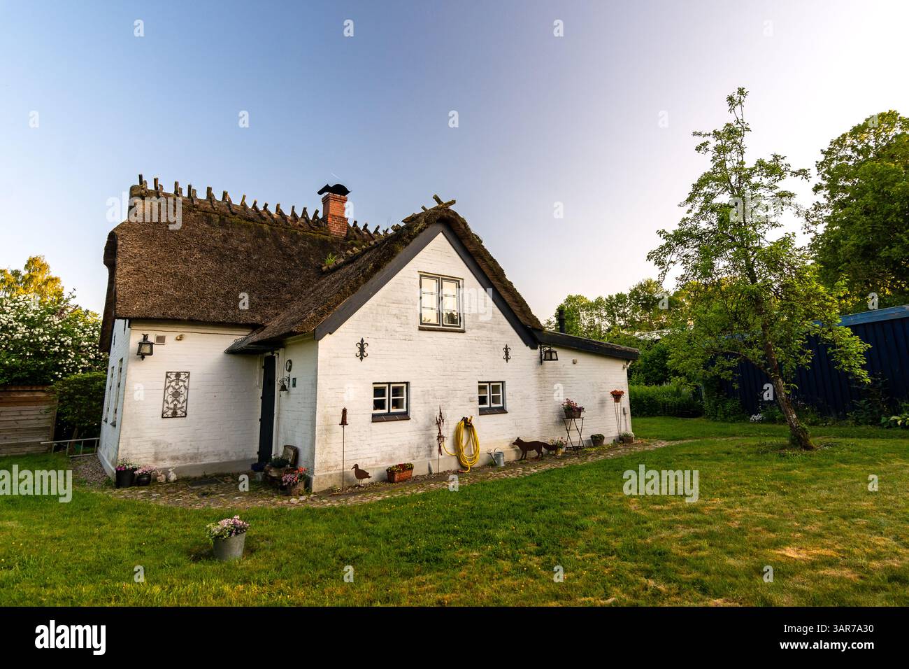 Schönes traditionelles Strohdachhaus in Norddeutschland Stockfoto