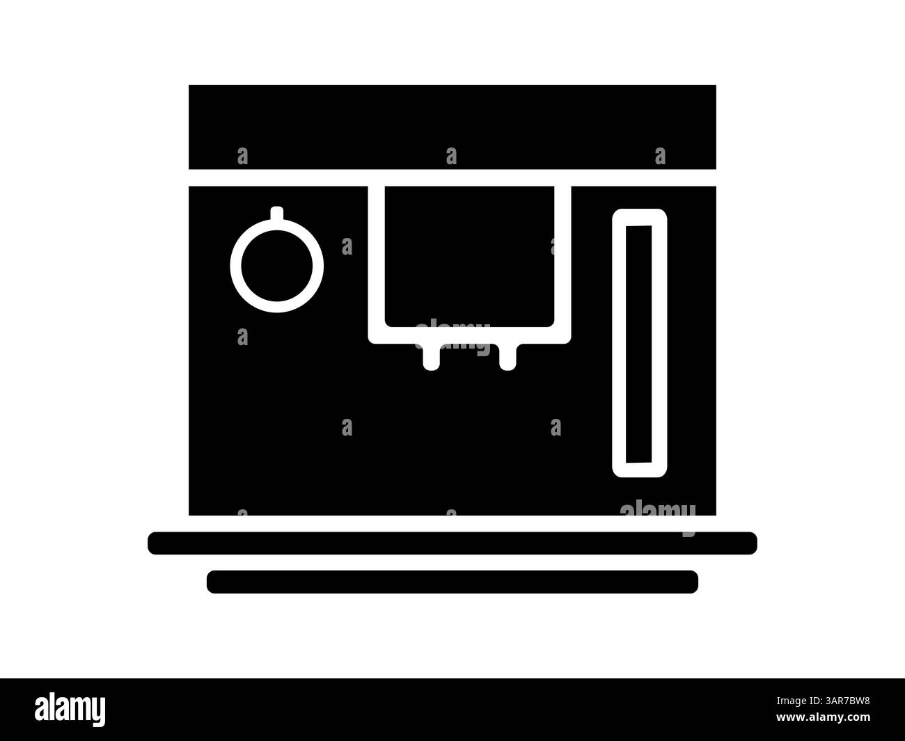 Schwarz-weiß-Abbildung einer Kaffeemaschine. Die Espressomaschine ist auf weißem Hintergrund. Professioneller Getränkebereiter. Symbol. Stockfoto
