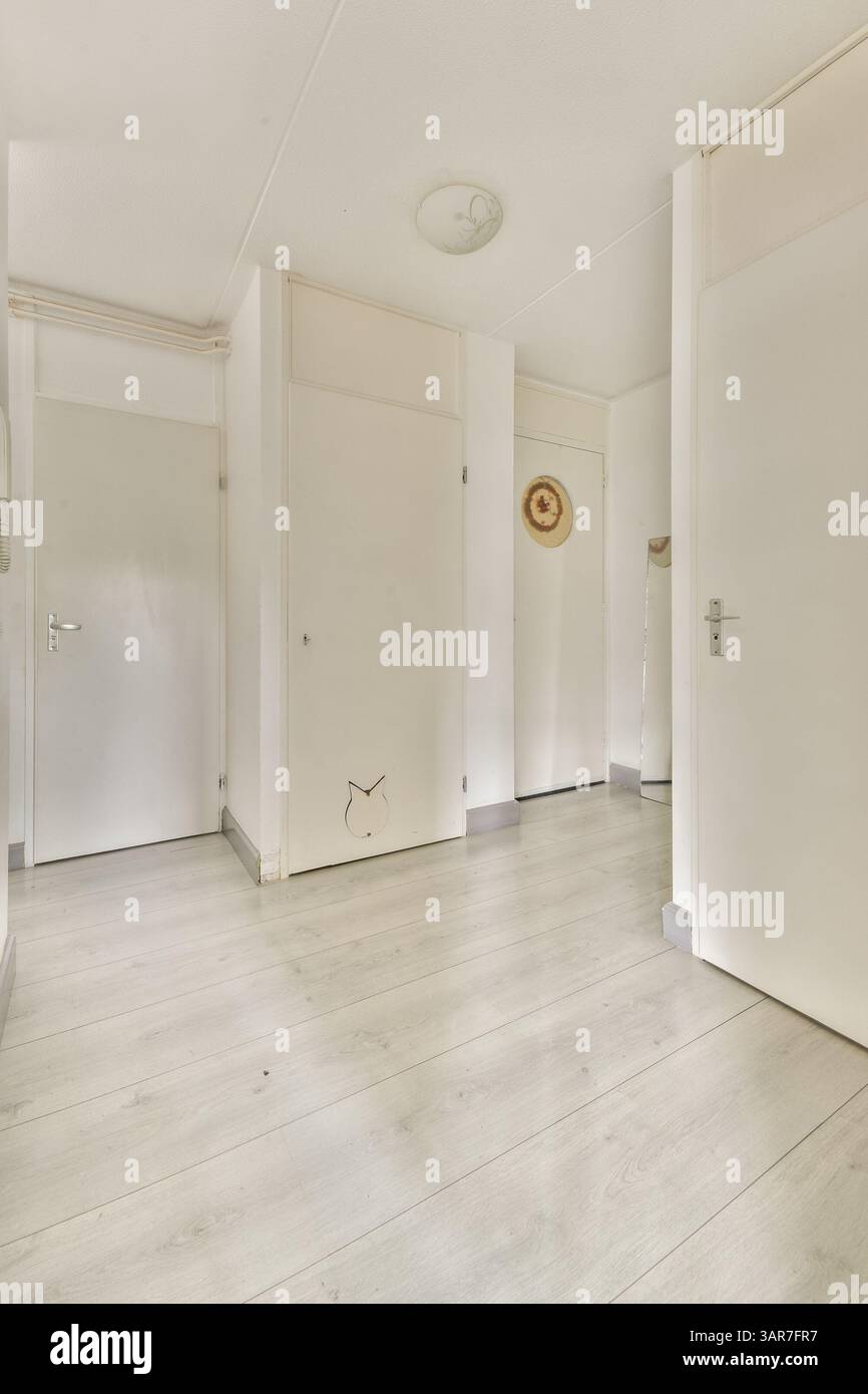 Heller Innenkorridor mit minimalistischem Design mit weißen Wänden und Holzfußboden für ein sauberes und geräumiges Erscheinungsbild. Stockfoto