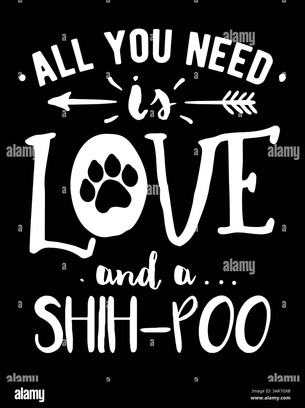 Du brauchst nur Liebe und einen Shih Poo. Shih Poo Zitat-Vektor-Design mit Pfotenmuster. Stock Vektor