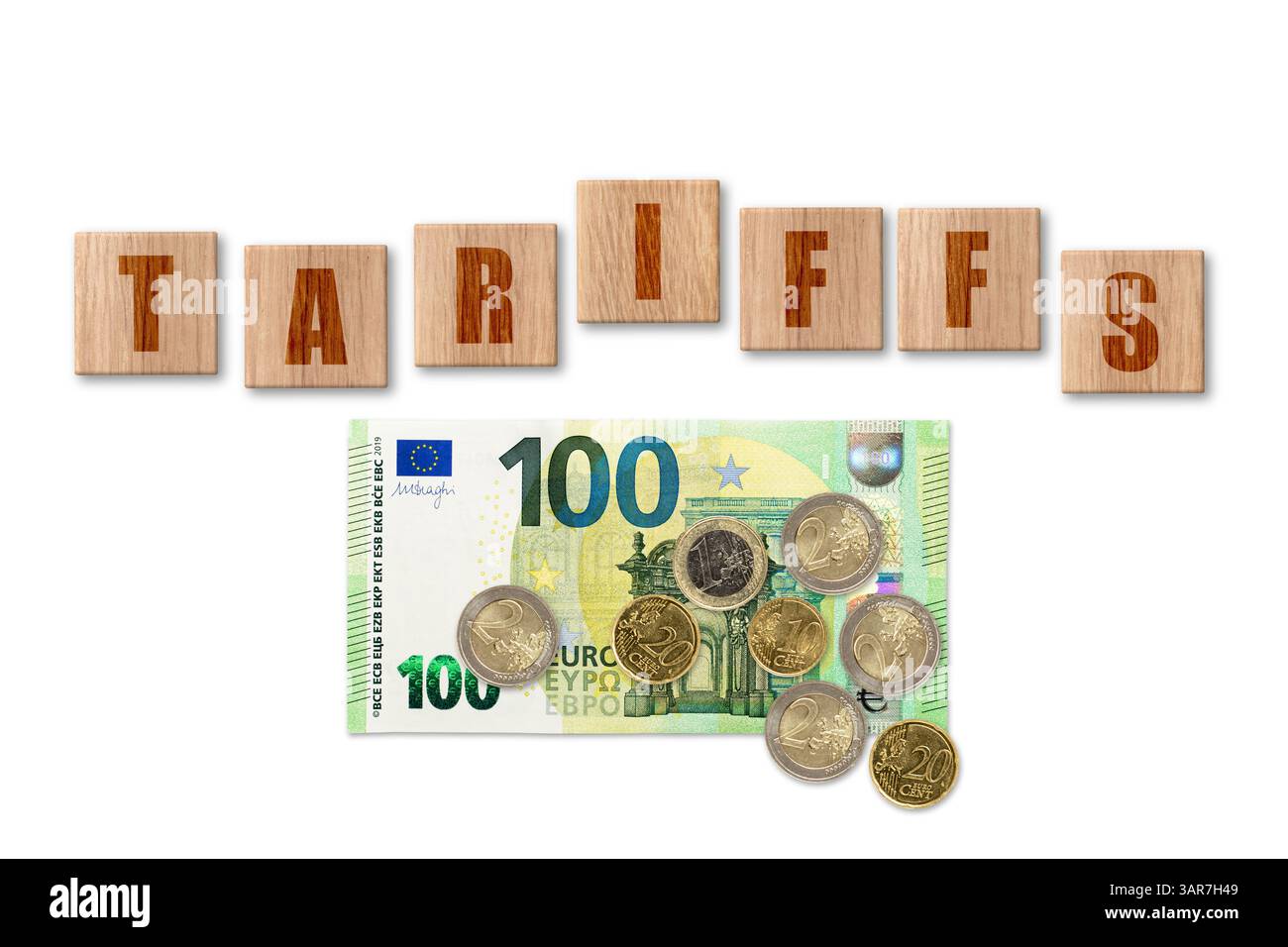Euro auf weißem Hintergrund mit WORTTARIFEN. Handel, Zoll, Zoll und Zölle Krieg Stockfoto